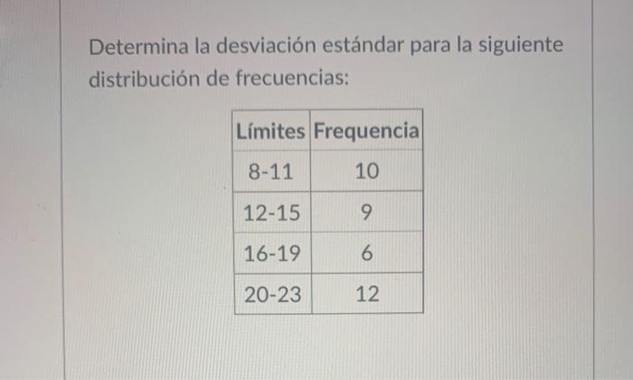 Solved Determina La Desviación Estándar Para La Siguiente 