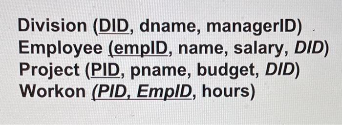 Solved Division (DID, dname, managerID) Employee (emplD, | Chegg.com