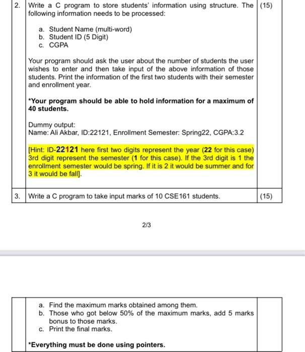 Solved 2. Write a C program to store students' information