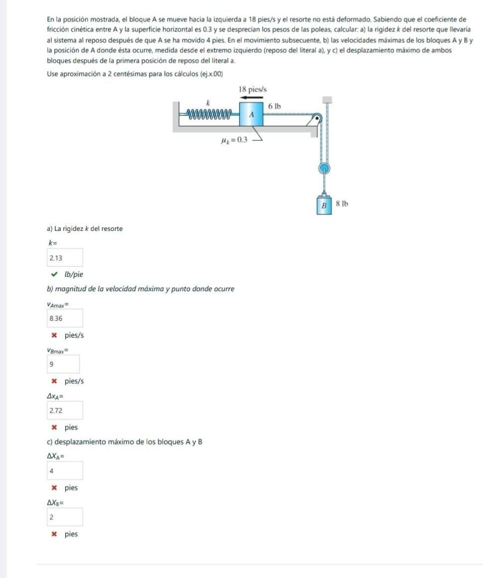 En la posición mostrada, el bloque A se mueve hacia la izquierda a 18 pies/s y el resorte no está deformado. Sabiendo que el