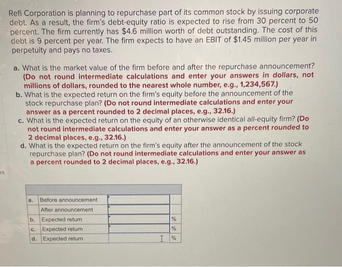Solved Refi Corporation is planning to repurchase part of