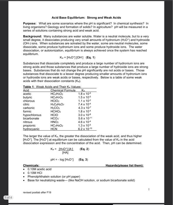 Solved Acid Base Equilibrium: Strong And Weak Acids Purpose: | Chegg.com