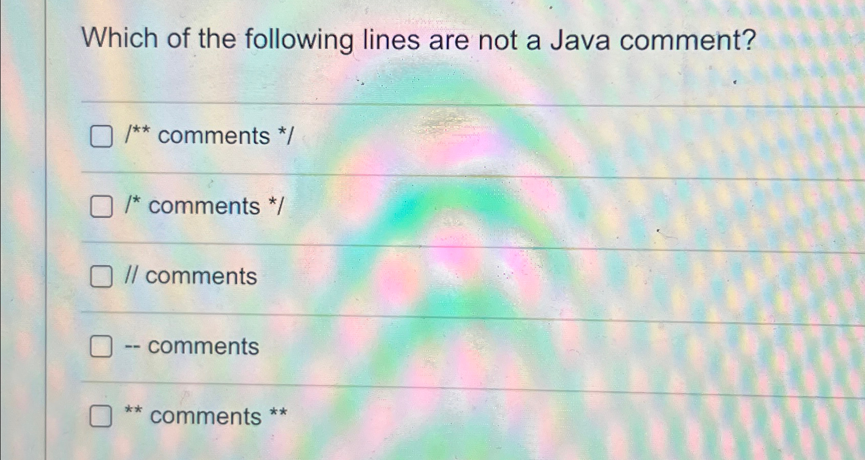 Solved Which of the following lines are not a Java | Chegg.com