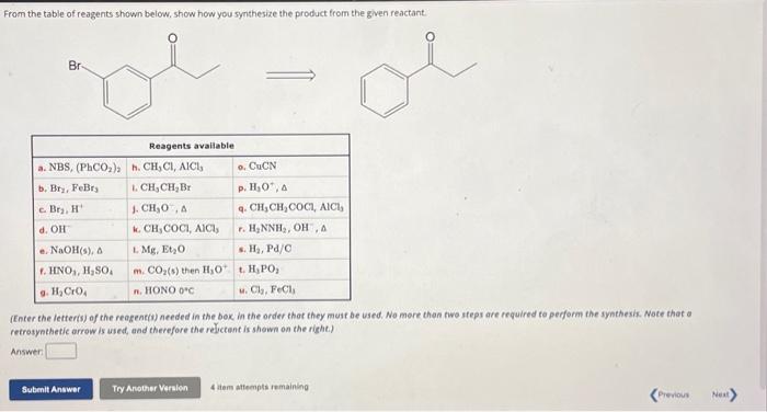 Solved From The Table Of Reagents Shown Below Show How You 0787