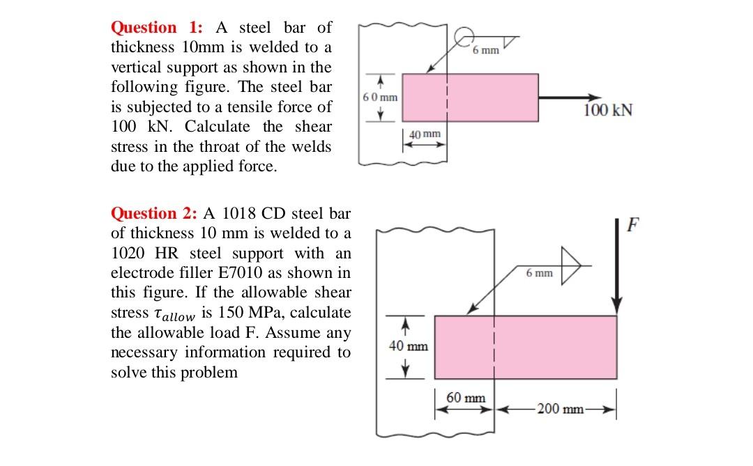 Solved Question 1: A Steel Bar Of Thickness 10 Mm Is Welded | Chegg.com