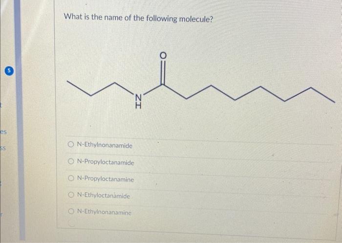 What is the name of the following molecule?
N-Ethylnonanamide
N-Propyloctanamide
N-Propyloctanamine
N-Ethyloctanamide
N-Ethyl