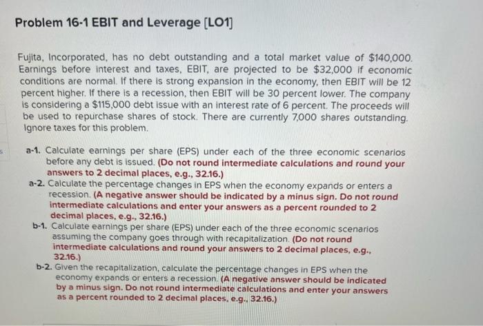 Solved Problem 16-1 EBIT and Leverage (LO1) Fujita, | Chegg.com