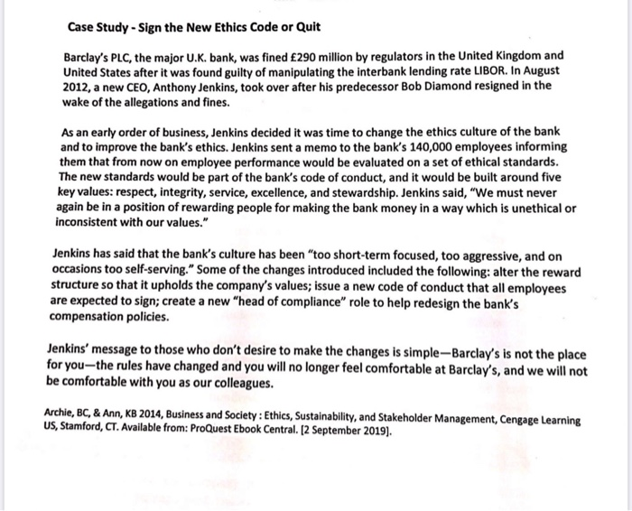 Case Study Sign The New Ethics Code Or Quit Chegg Com