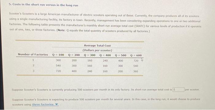 Solved 5. Costs in the short run versus in the long run | Chegg.com