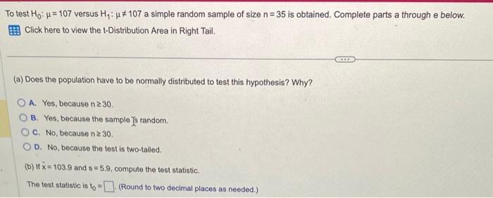 Solved To test H0:μ=107 versus H1:μ =107 a simple random | Chegg.com