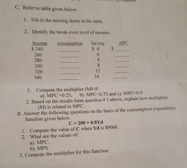 Solved C. Refer to table given below. 1. Fill-in the missing | Chegg.com