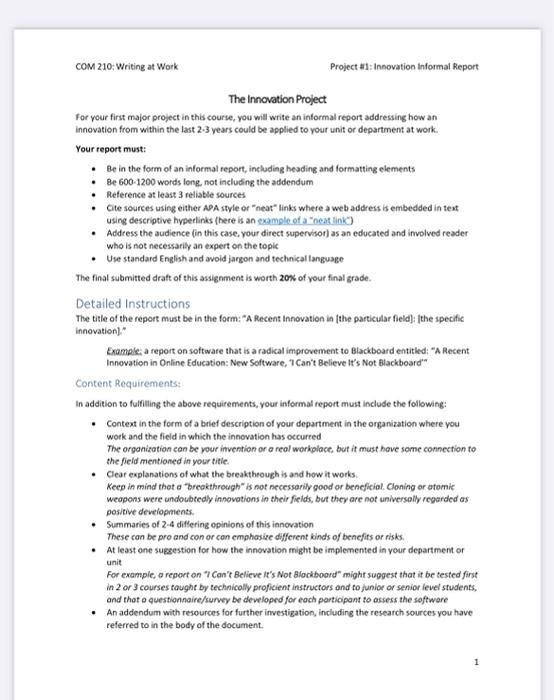 COM 210: Writing at Work Project #1: Innovation | Chegg.com