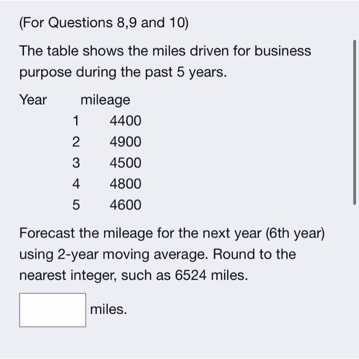 Solved (For Questions 8,9 And 10) The Table Shows The Miles | Chegg.com