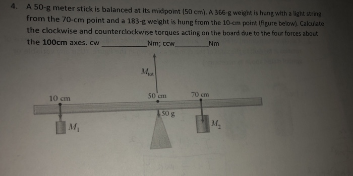 Solved 4. A 50-g meter stick is balanced at its midpoint (50 | Chegg.com