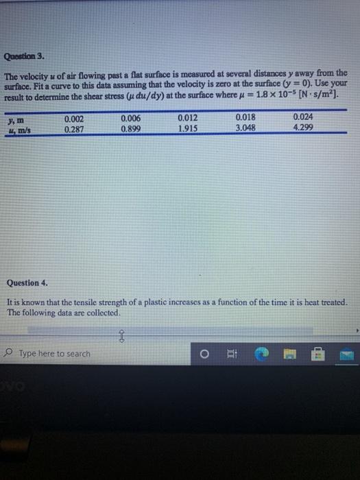 Solved Question 3. The velocity w of air flowing past a flat | Chegg.com