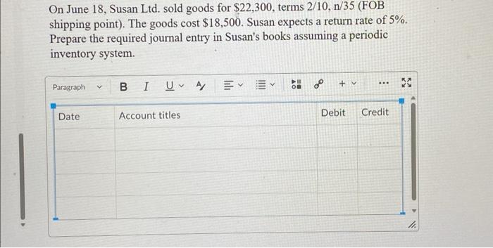 Solved On June 18 , Susan Ltd. sold goods for \\( \\$ 22,300 | Chegg.com