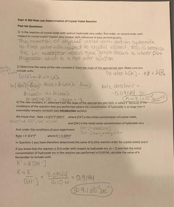 Solved Expt K302 Rate Law Determination of Crystal Violet