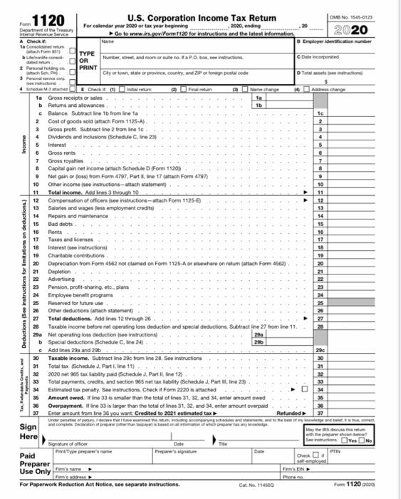 Prepare Only Page One Of Form 1120 And Explanation Of 