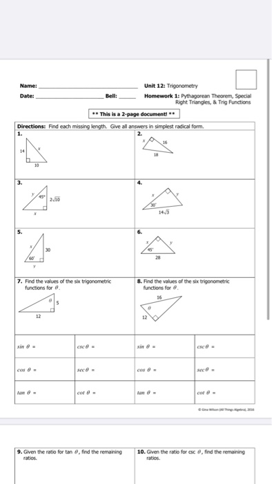 unit 12 trigonometry homework 1 answer key pythagorean theorem