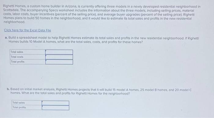 Solved Righetti Homes, a custom home builder in Arizona, is | Chegg.com