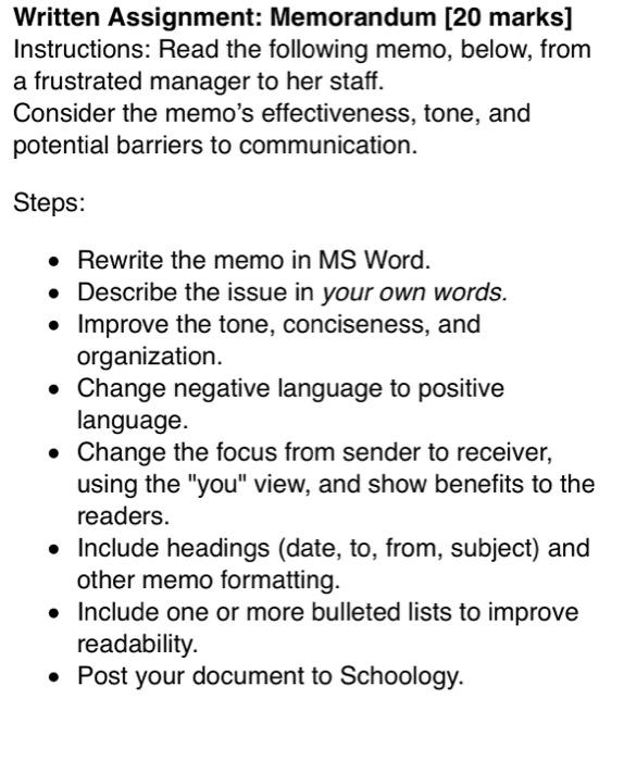 Solved Written Assignment: Memorandum [20 marks] | Chegg.com
