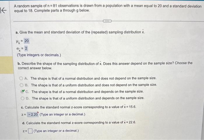 Solved A random sample of n=81 observations is drawn from a | Chegg.com
