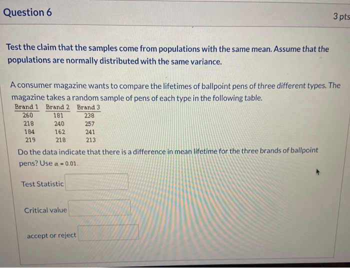 Solved Question 6 3 pts Test the claim that the samples come | Chegg.com