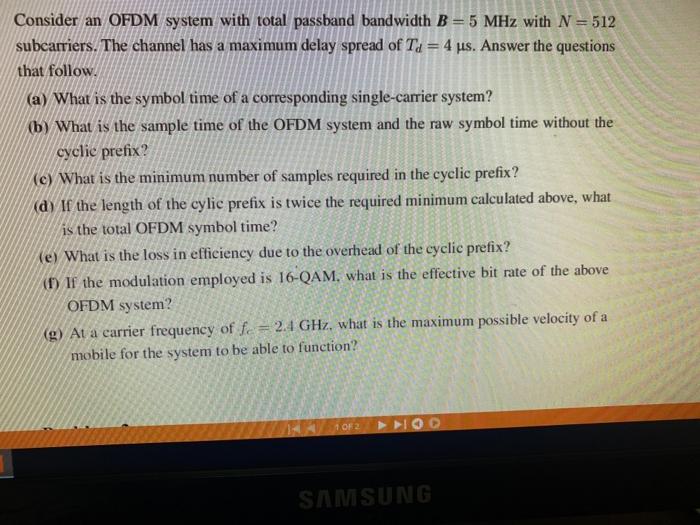 Consider An OFDM System With Total Passband Bandwidth | Chegg.com