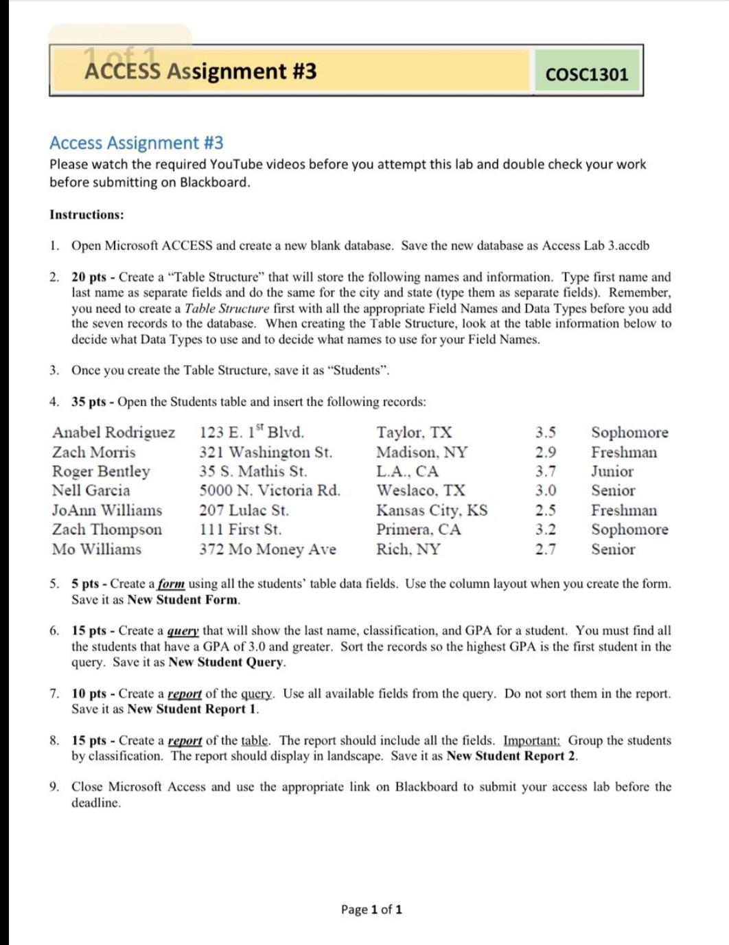 Solved Access Assignment #3 COSC1301 Access Assignment #3 | Chegg.com