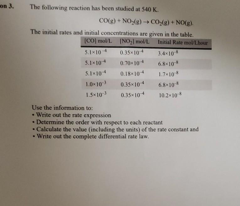 Solved on 3. The following reaction has been studied at 540 | Chegg.com