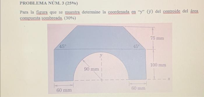 PROBLEMA NUM. \( 3(25 \%) \) Para la figura que se muestra determine la coordenada en y ( \( \bar{y}) \) del centroide del