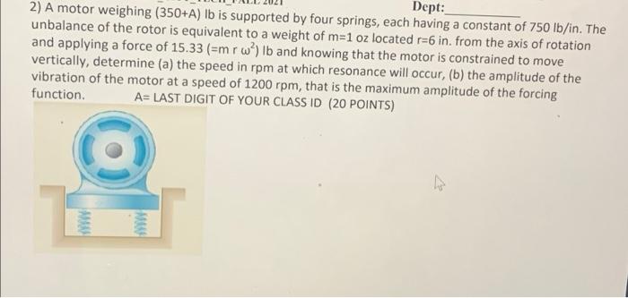 Solved Dept: 2) A motor weighing (350+A) Ib is supported by | Chegg.com