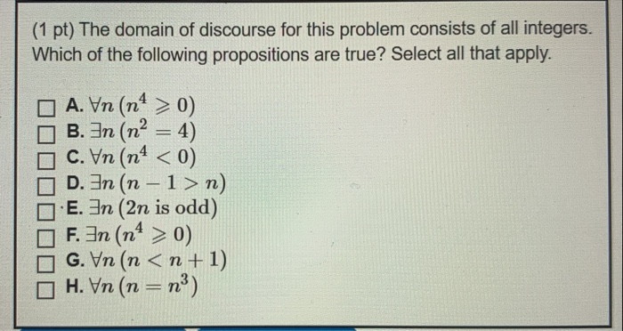 Solved (1 pt) The domain of discourse for this problem | Chegg.com