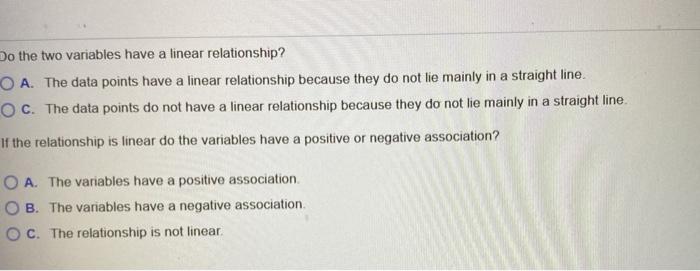 Solved Do the two variables have a linear relationship? O A. | Chegg.com