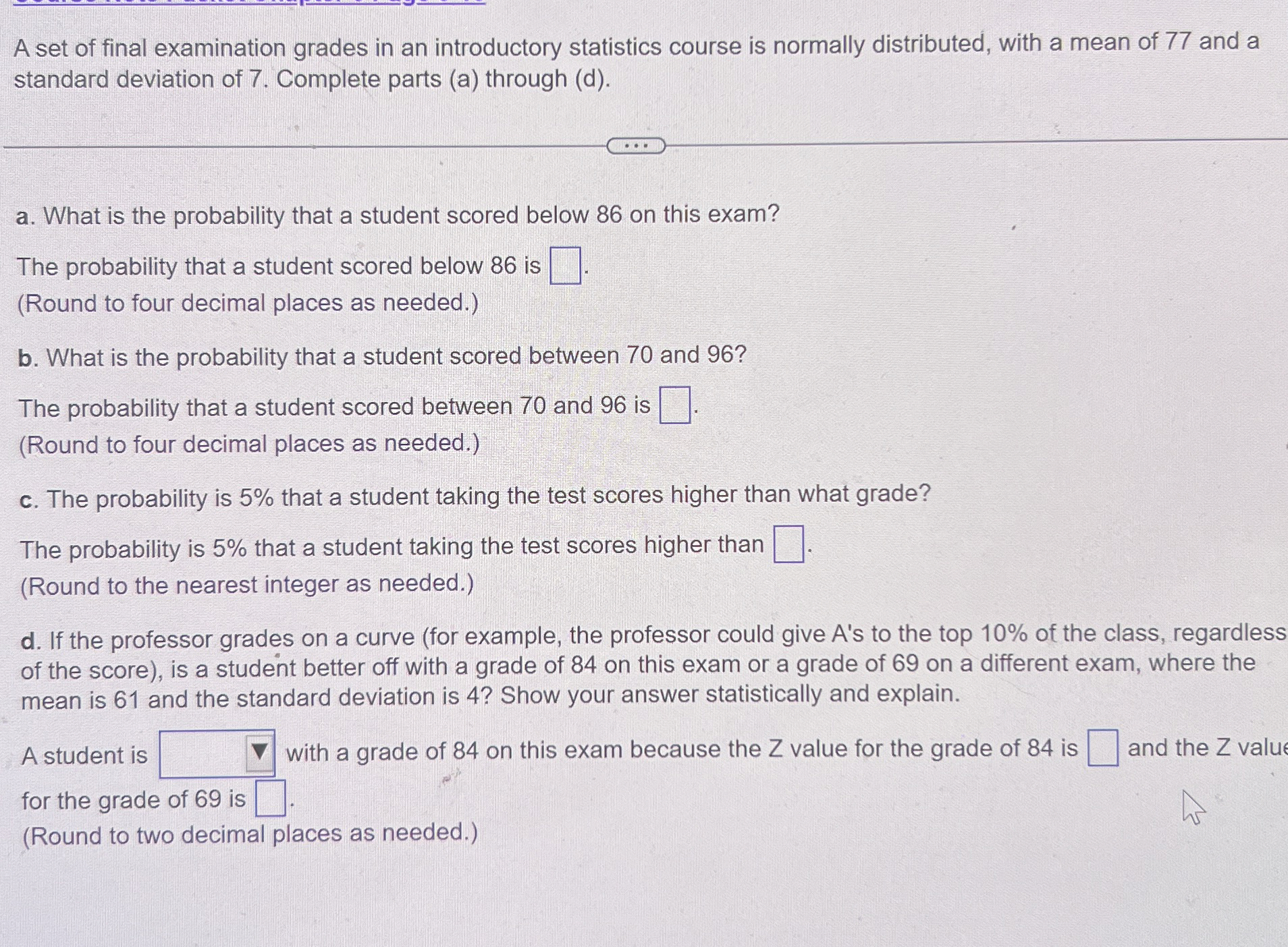 Solved A set of final examination grades in an introductory | Chegg.com