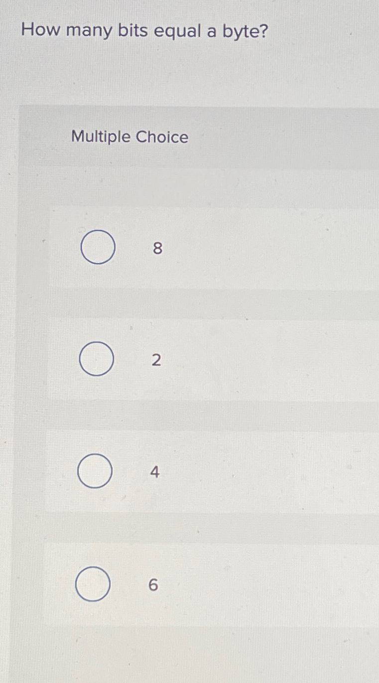 Solved How many bits equal a byte?Multiple Choice8246 | Chegg.com