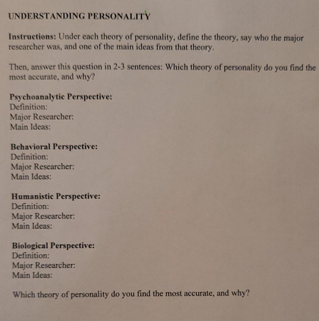 Solved UNDERSTANDING PERSONALITY Instructions: Under Each | Chegg.com