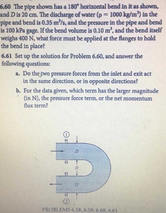 Solved 6.60 The pipe shown has a 180° horizontal bend in it | Chegg.com