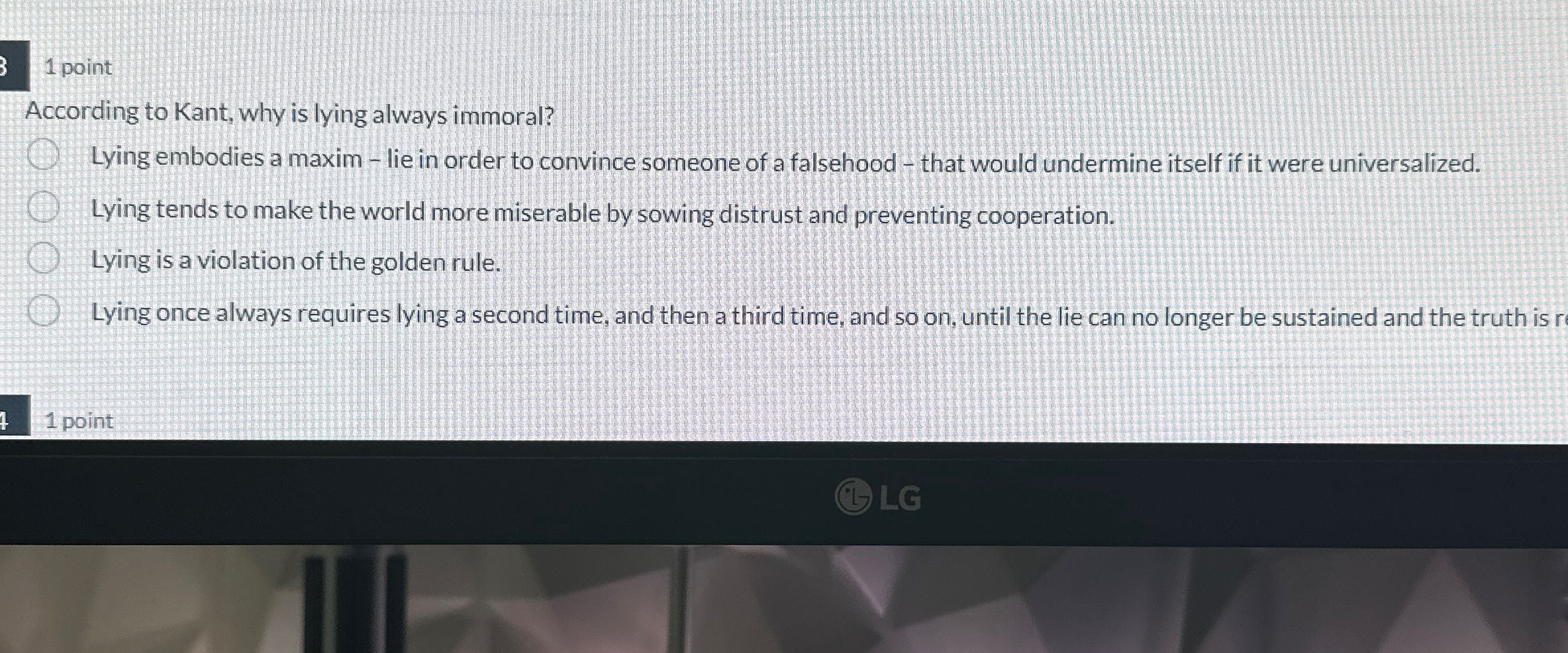 Solved 1 ﻿pointAccording to Kant, why is lying always | Chegg.com