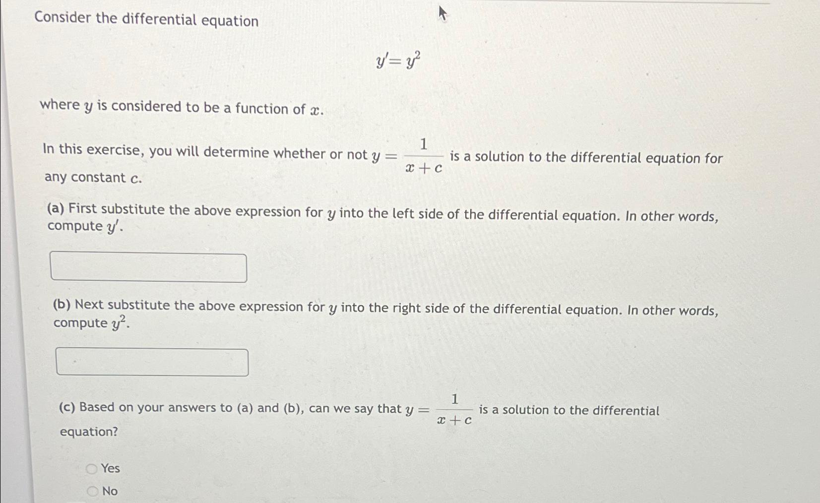 Solved Consider the differential equationy'=y2where y ﻿is | Chegg.com