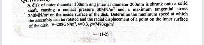 Solved A disk of outer diameter 300mm and internal diameter | Chegg.com