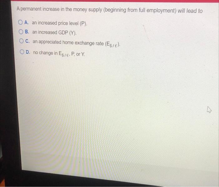 Solved A permanent increase in the money supply (beginning | Chegg.com