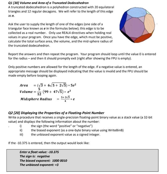 Solved Q1 [30] Volume and Area of a Truncated Dodecahedron A | Chegg.com