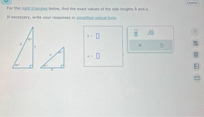 Solved For the right triangles below, find the exact values | Chegg.com