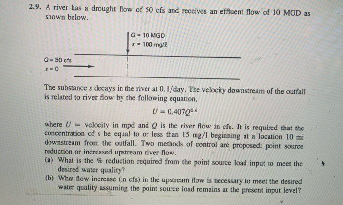 Solved 2.9. A River Has A Drought Flow Of 50 Cfs And | Chegg.com