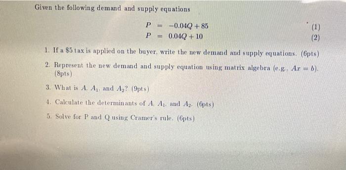 Solved Given the following demand and supply equations P | Chegg.com