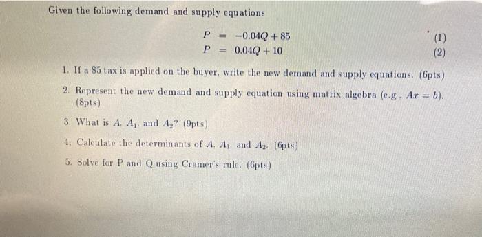 Solved Given The Following Demand And Supply Equations P | Chegg.com