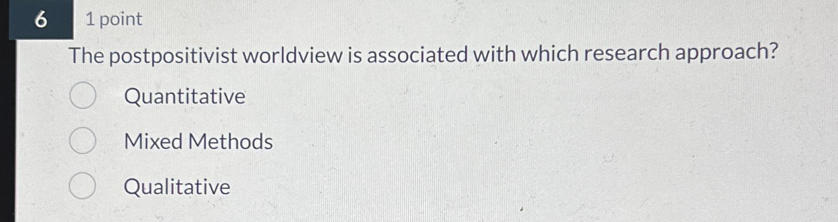 Solved 61 ﻿pointThe postpositivist worldview is associated | Chegg.com