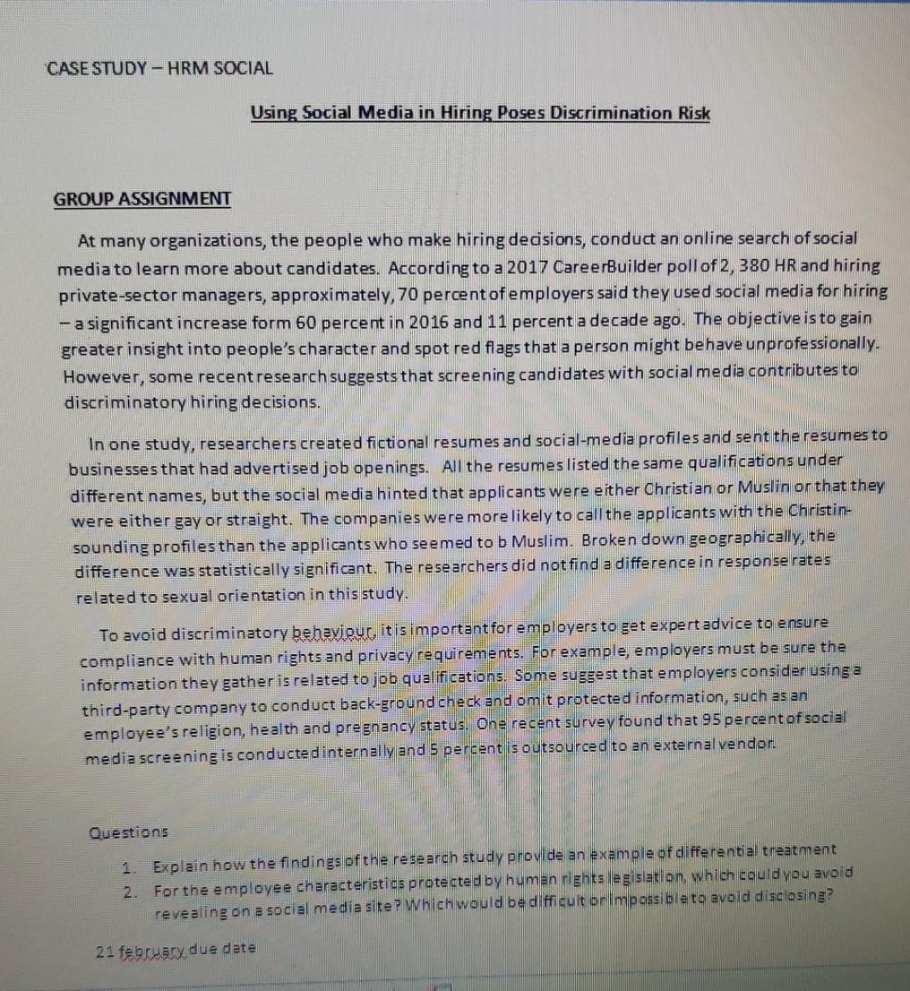 Solved CASE STUDY - HRM SOCIAL Using Social Media in Hiring | Chegg.com