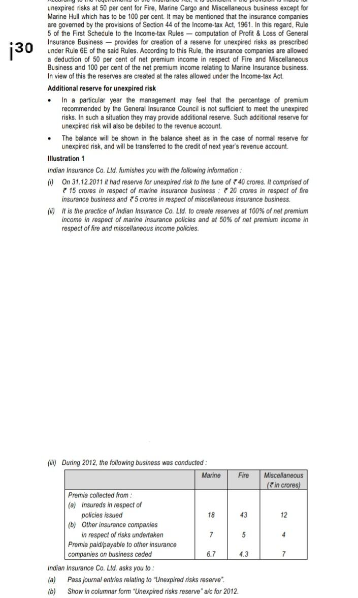 Solved 130 . unexpired risks at 50 per cent for Fire, Marine